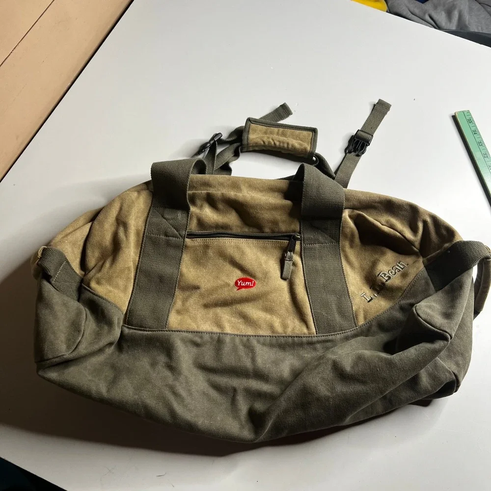 LL Bean Canvas Duffle Bag Khaki Olive Green World Hunger Relief Yum Logo Travel